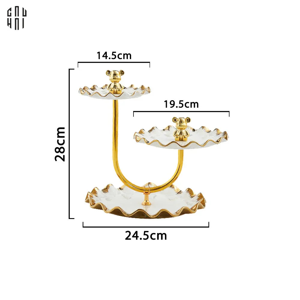 Đĩa Bánh 3 Tầng Ceramic Golden Lines Teddy Bears Ss25-CẬU HAI HOME DECOR