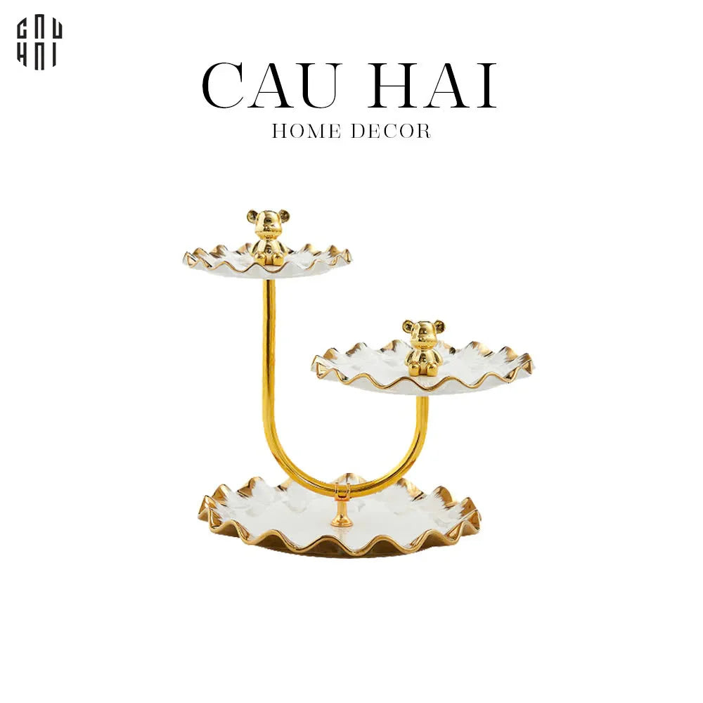 Đĩa Bánh 3 Tầng Ceramic Golden Lines Teddy Bears Ss25-CẬU HAI HOME DECOR