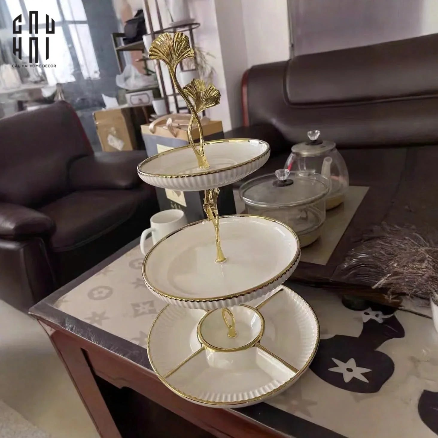 ĐĨA BÁNH 3 TẦNG GINKGO BLANC-CẬU HAI HOME DECOR
