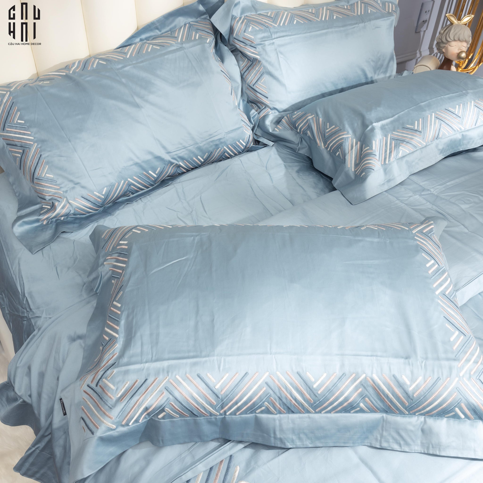 EATON BLUE PREMIUM SILK BEDDING SET-CẬU HAI HOME DECOR
