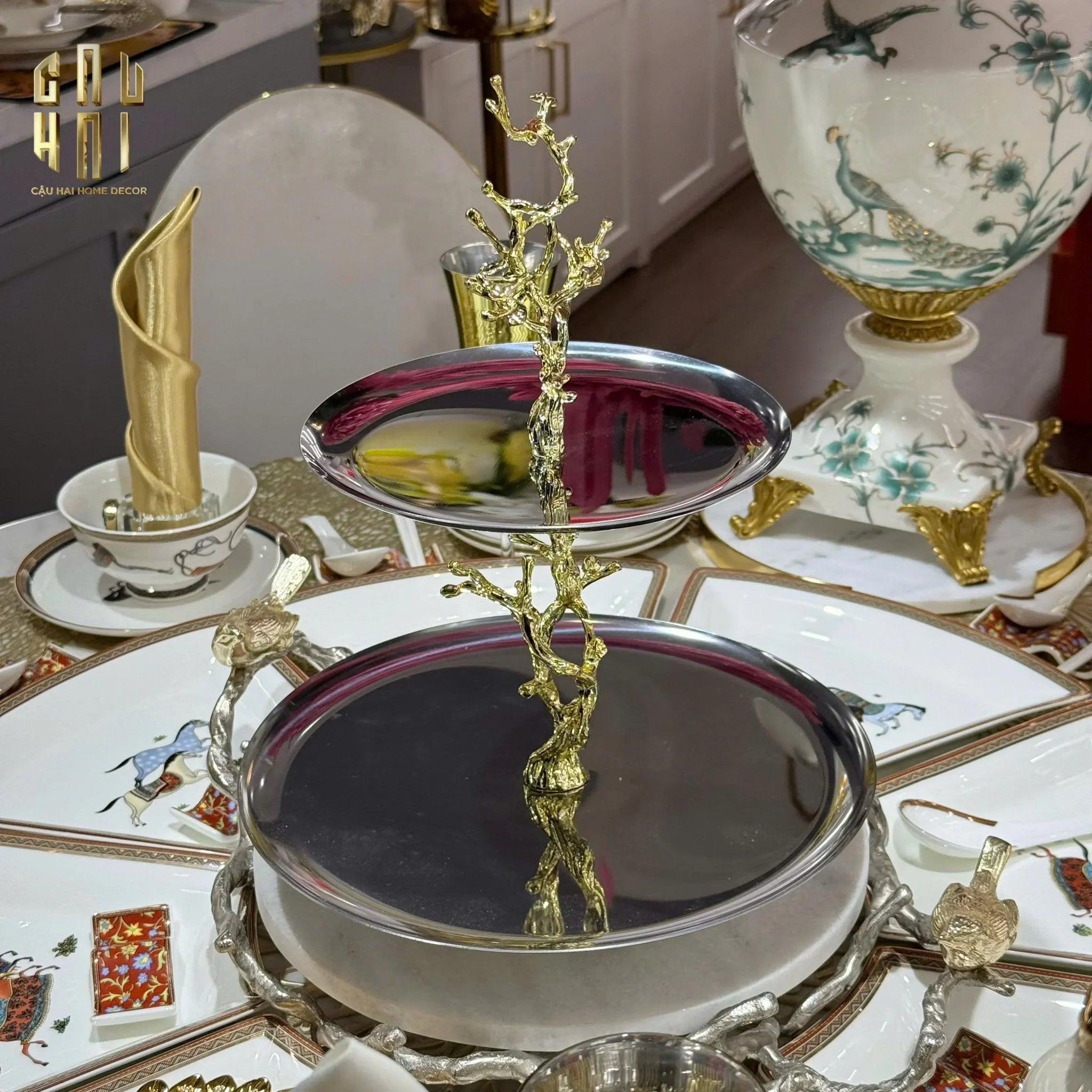 Elysian Couture - Đĩa 2 Tầng Platinum Elysian Branch Étagère 28x35-CẬU HAI HOME DECOR