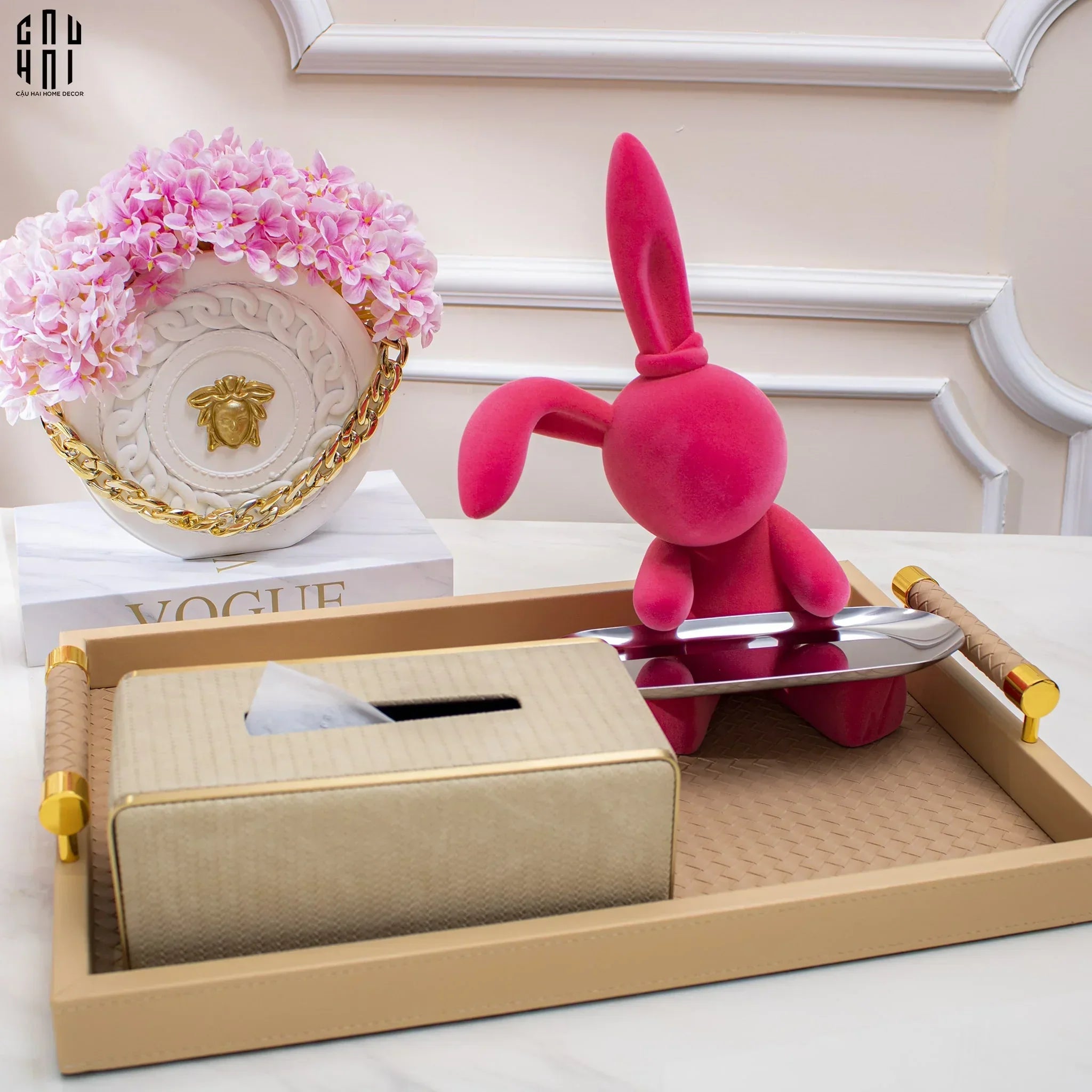 Elysian Couture - Tượng Thỏ Nhung - Figurine Lapin Pink Velour Maison H30-CẬU HAI HOME DECOR