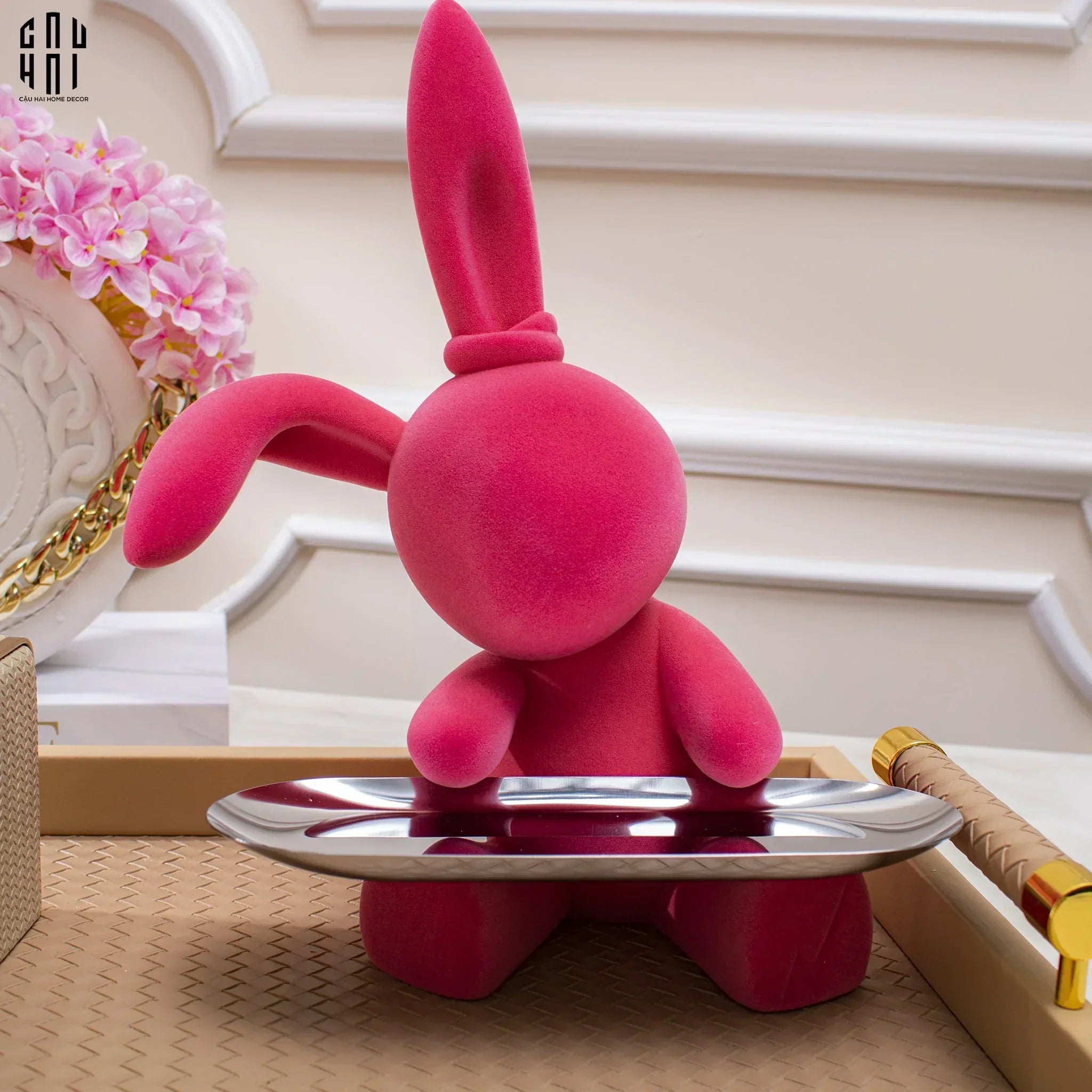 Elysian Couture - Tượng Thỏ Nhung - Figurine Lapin Pink Velour Maison H30-CẬU HAI HOME DECOR