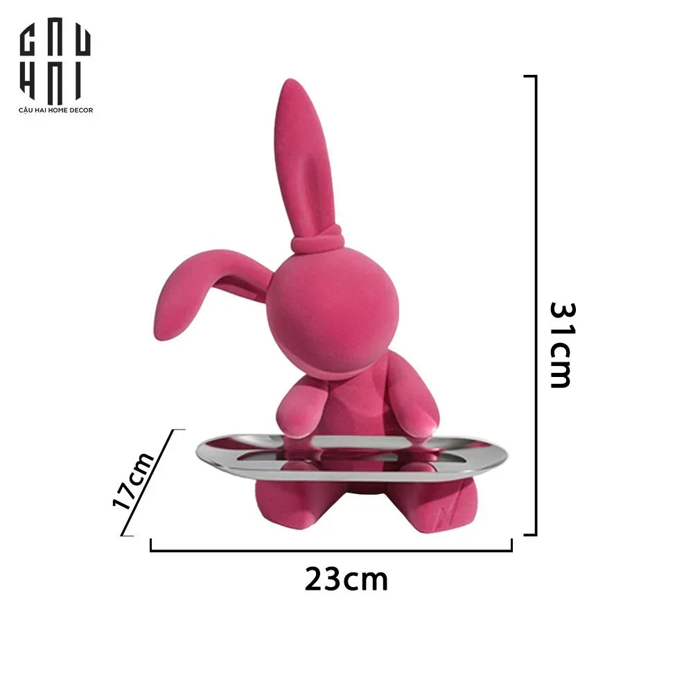 Elysian Couture - Tượng Thỏ Nhung - Figurine Lapin Pink Velour Maison H30-CẬU HAI HOME DECOR