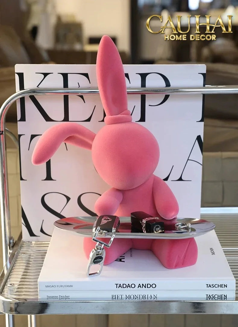 Elysian Couture - Tượng Thỏ Nhung - Figurine Lapin Pink Velour Maison H30-CẬU HAI HOME DECOR