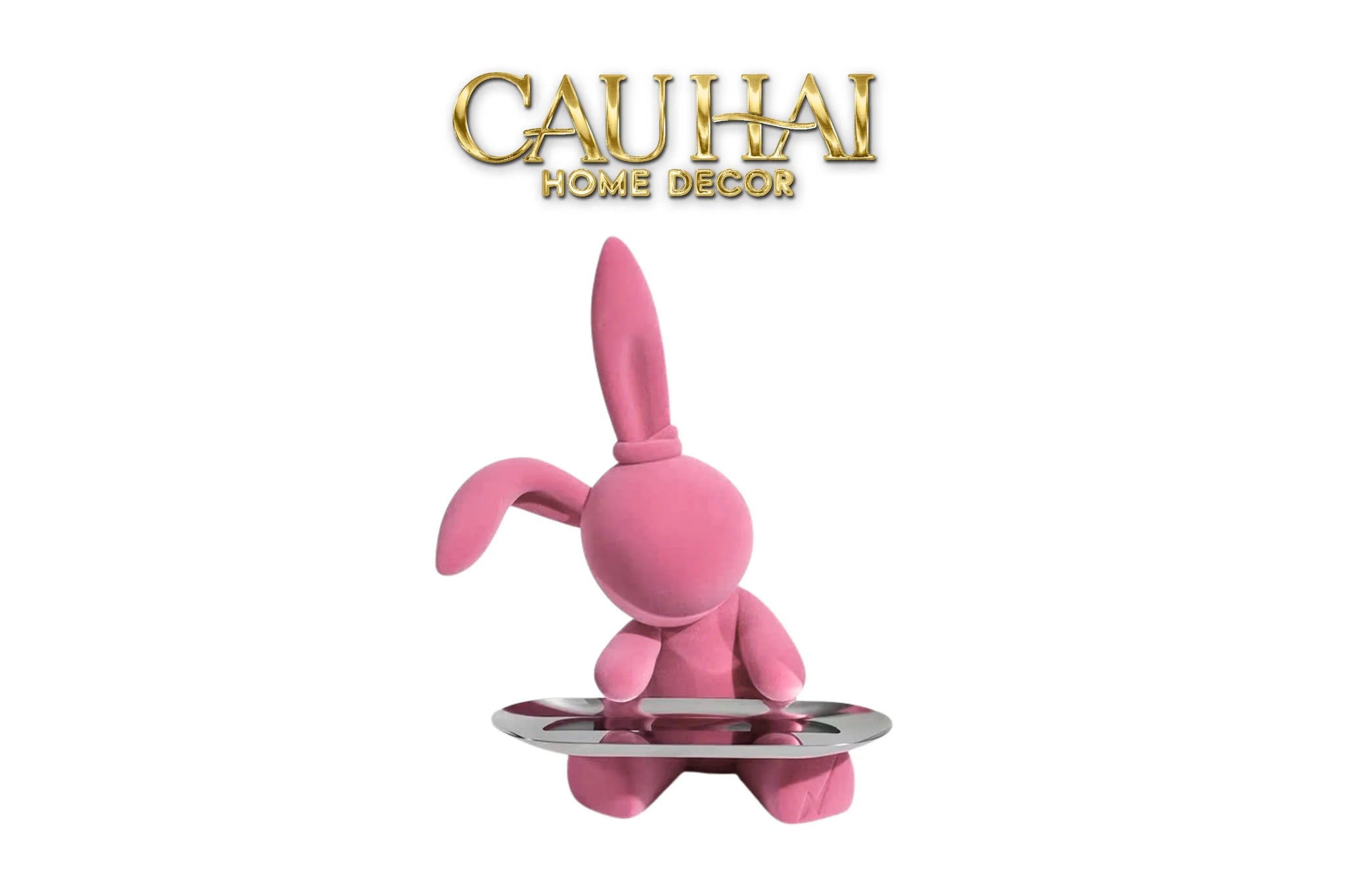 Elysian Couture - Tượng Thỏ Nhung - Figurine Lapin Pink Velour Maison H30-CẬU HAI HOME DECOR