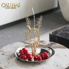 Elysian - Khay Tròn Đĩa Trái Cây Platinum Métallique Golden Eucalyptus Branch D30-CẬU HAI HOME DECOR