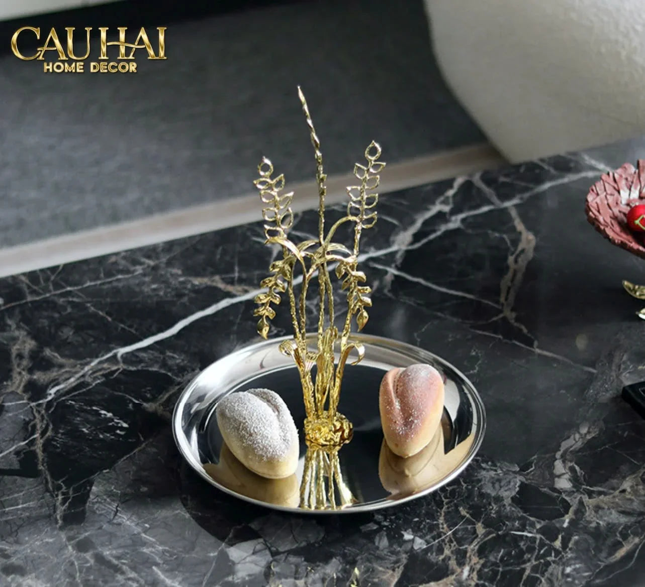 Elysian - Khay Tròn Đĩa Trái Cây Platinum Métallique Golden Eucalyptus Branch D30-CẬU HAI HOME DECOR
