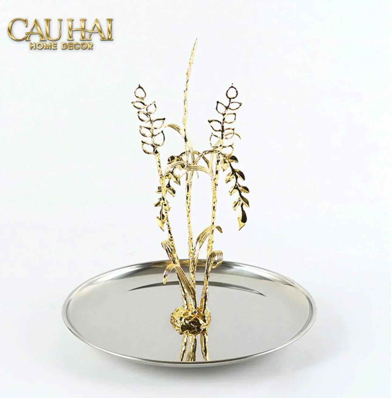 Elysian - Khay Tròn Đĩa Trái Cây Platinum Métallique Golden Eucalyptus Branch D30-CẬU HAI HOME DECOR