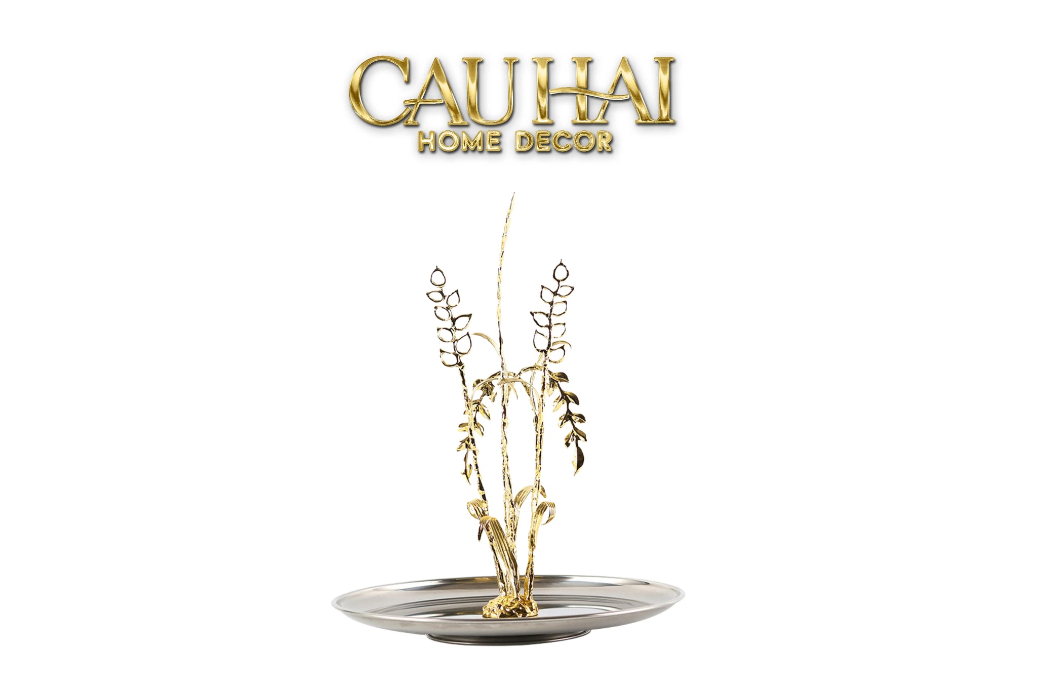 Elysian - Khay Tròn Đĩa Trái Cây Platinum Métallique Golden Eucalyptus Branch D30-CẬU HAI HOME DECOR