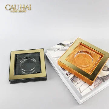 Gạt Tàn Pha Lê Bọc Viền Da Cendrier Cristalleries Clair Squares Ashtray 15x15-CẬU HAI HOME DECOR