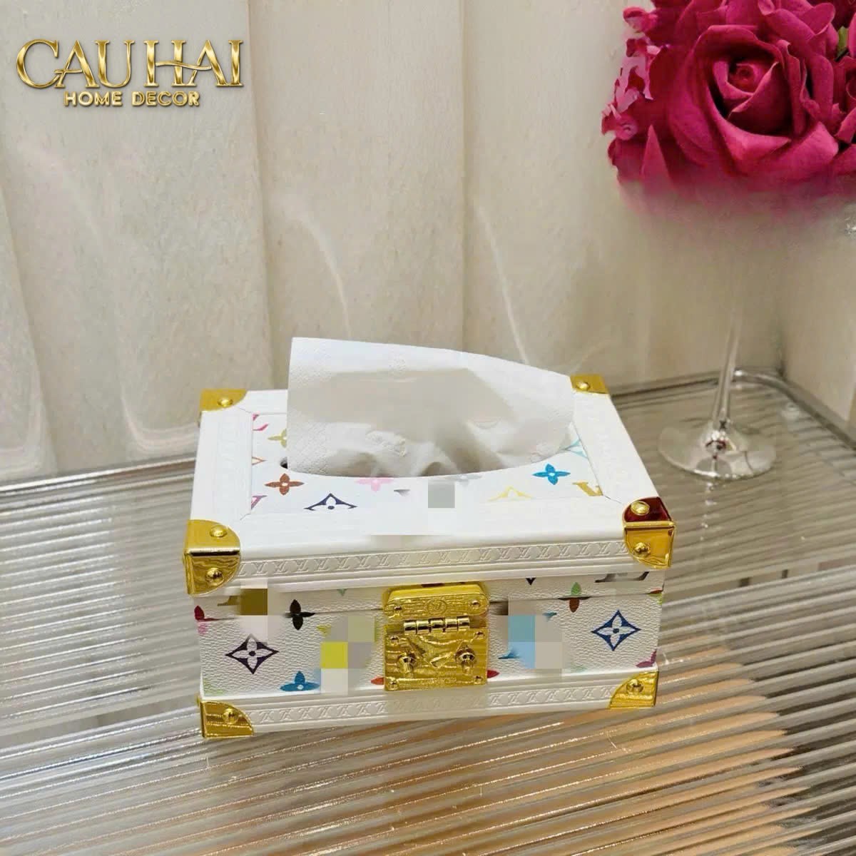 HOME COUTURE - HỘP KHĂN GIẤY  LOUIS TRUNK MULTICOLORE BLANCHE