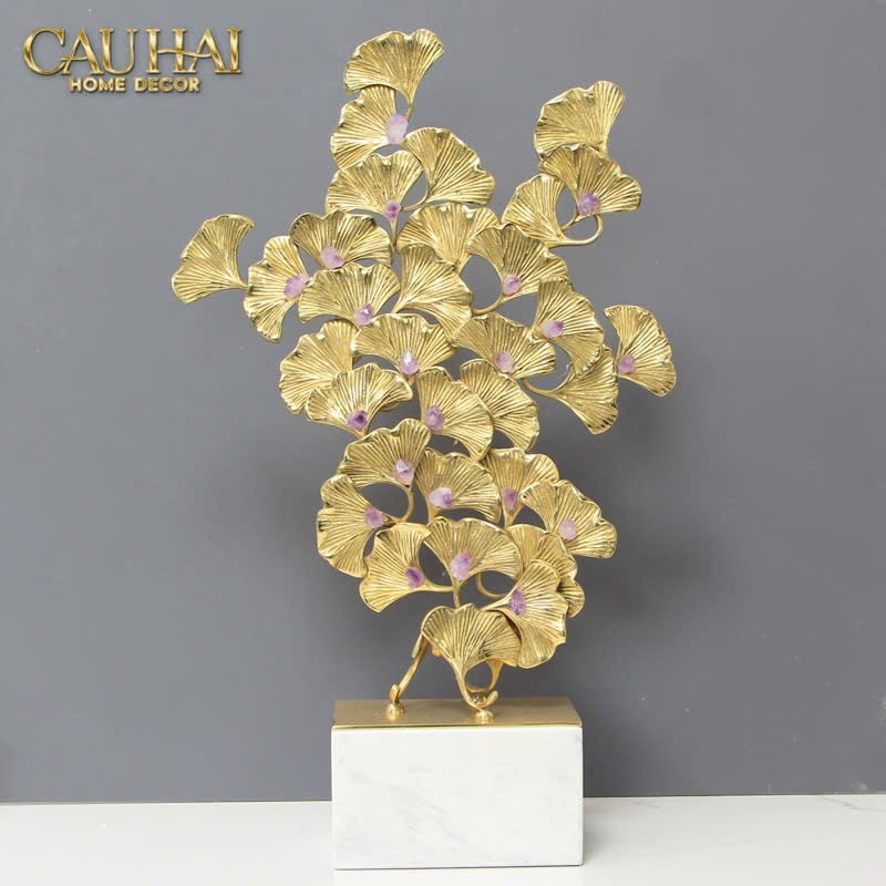 HOME COUTURE - TƯỢNG ĐỒNG LÁ RẺ QUẠT ĐÁ QUÝ - JEWELRY GINKGO-CẬU HAI HOME DECOR