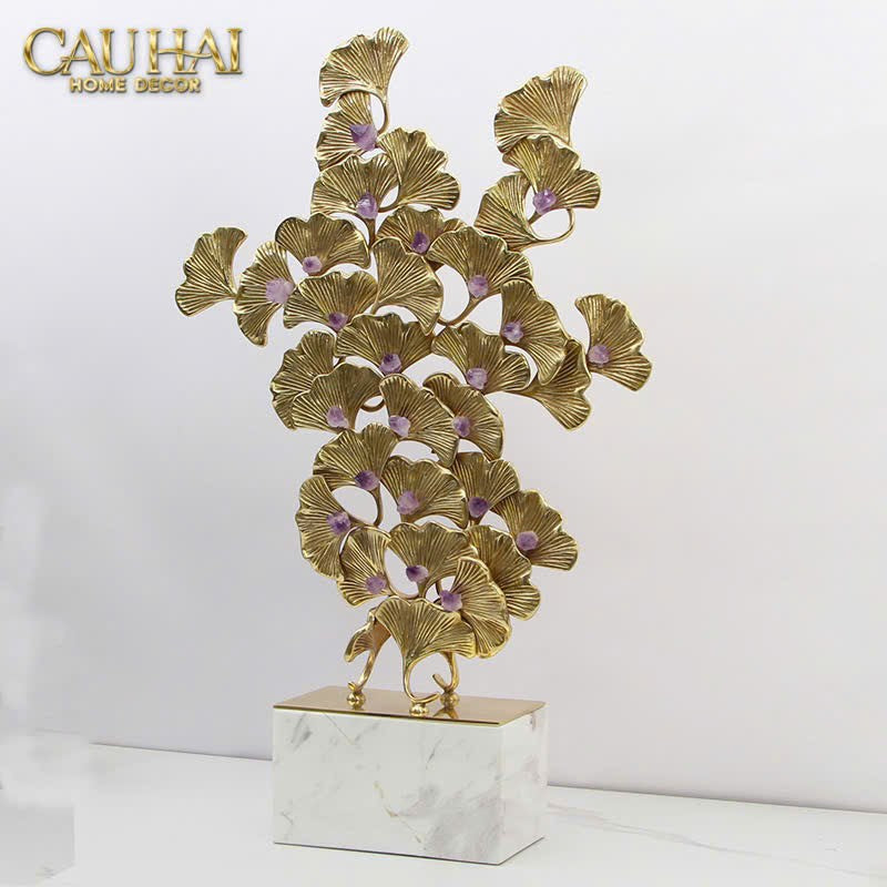 HOME COUTURE - TƯỢNG ĐỒNG LÁ RẺ QUẠT ĐÁ QUÝ - JEWELRY GINKGO-CẬU HAI HOME DECOR