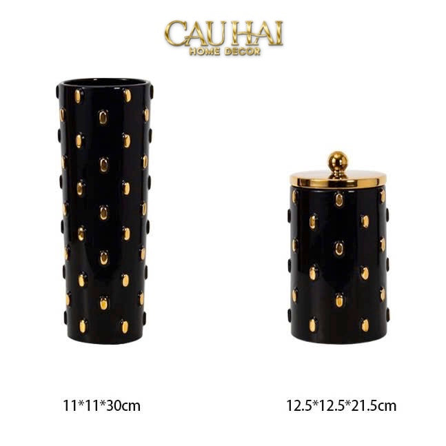 Set 2 Bình Lọ Impériale Bastion Armory Noir-Gold Vessel-CẬU HAI HOME DECOR