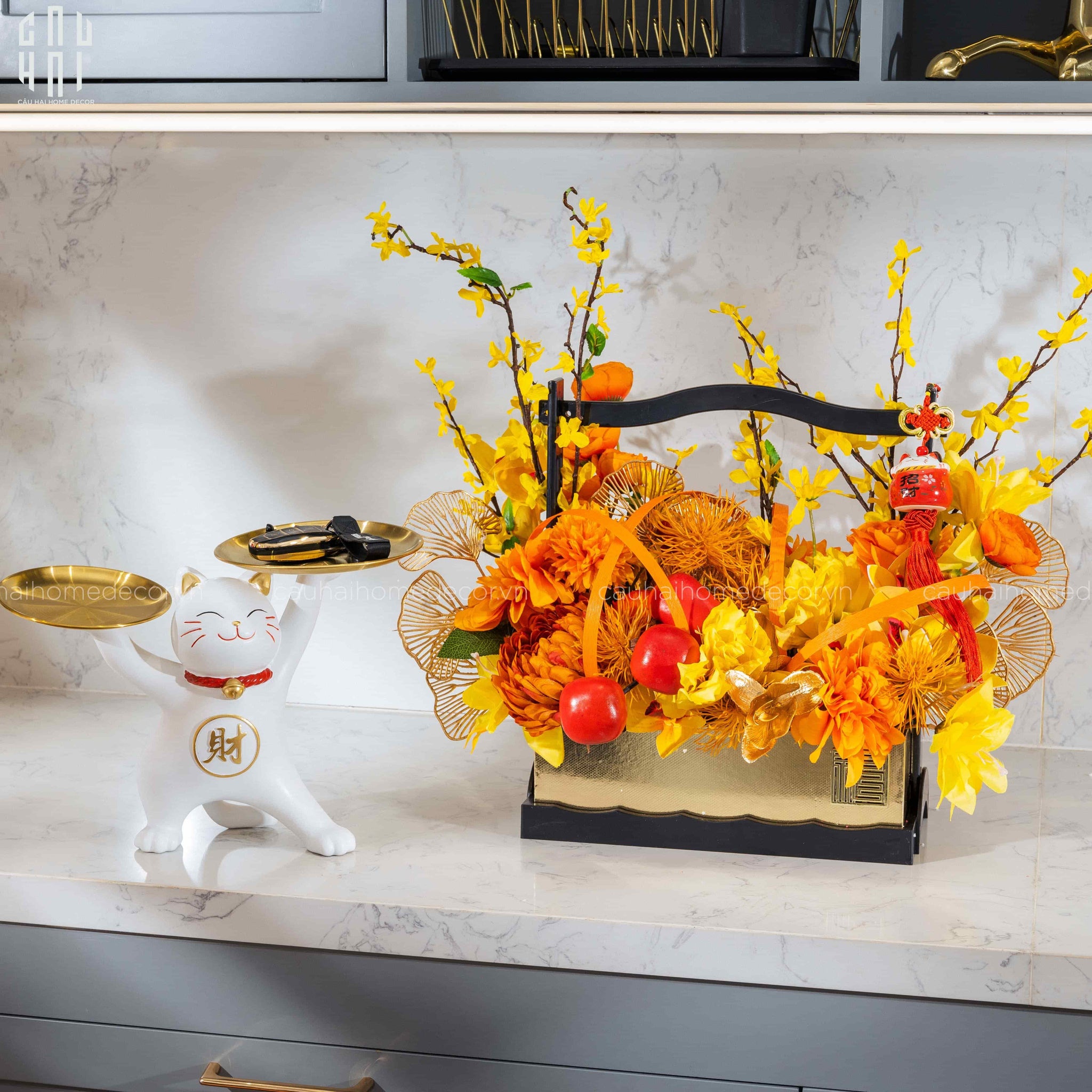 GIỎ HOA ĐẠI CÁT - VÀNG-CẬU HAI HOME DECOR