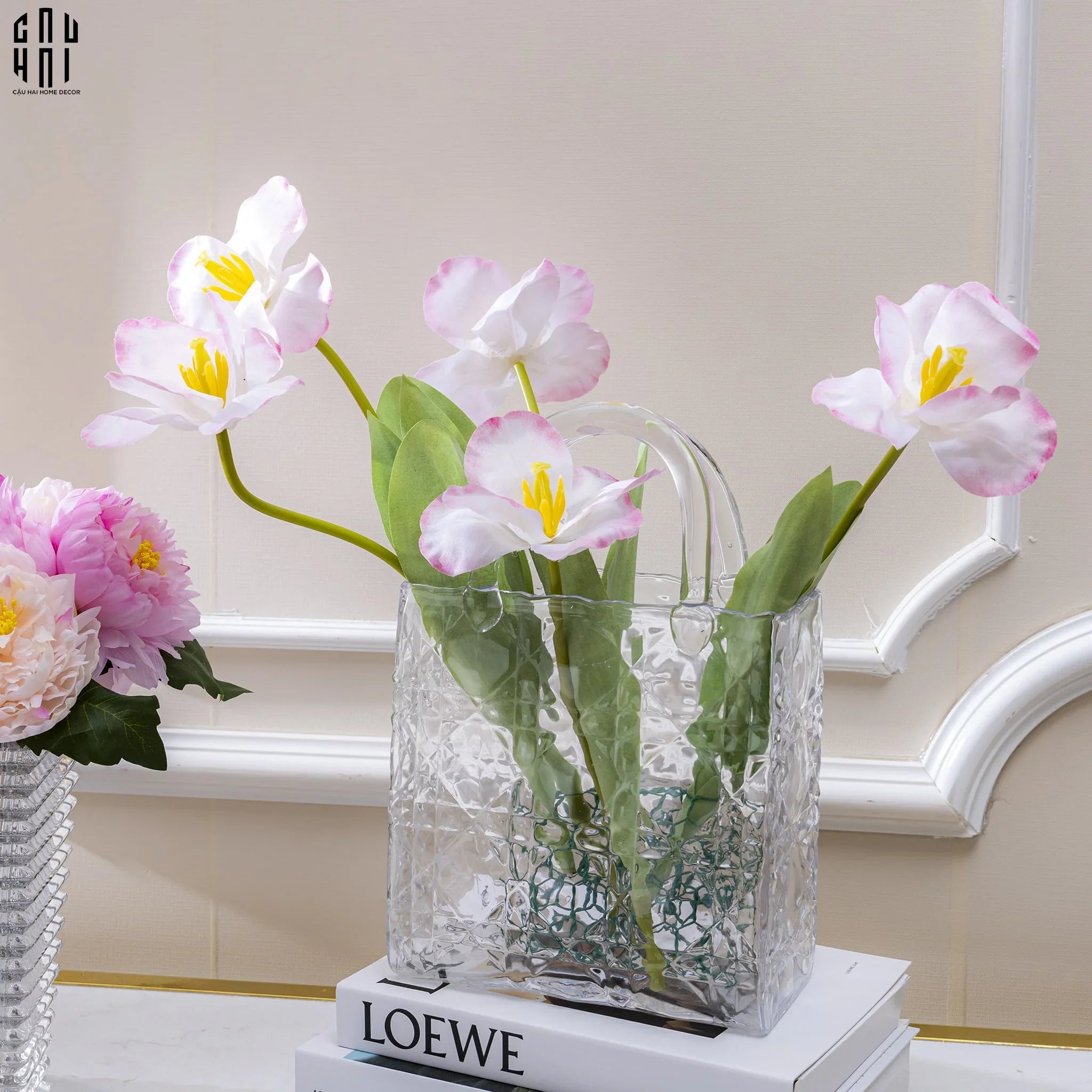 GIỎ HOA THUỶ TINH WHITE D.O-CẬU HAI HOME DECOR