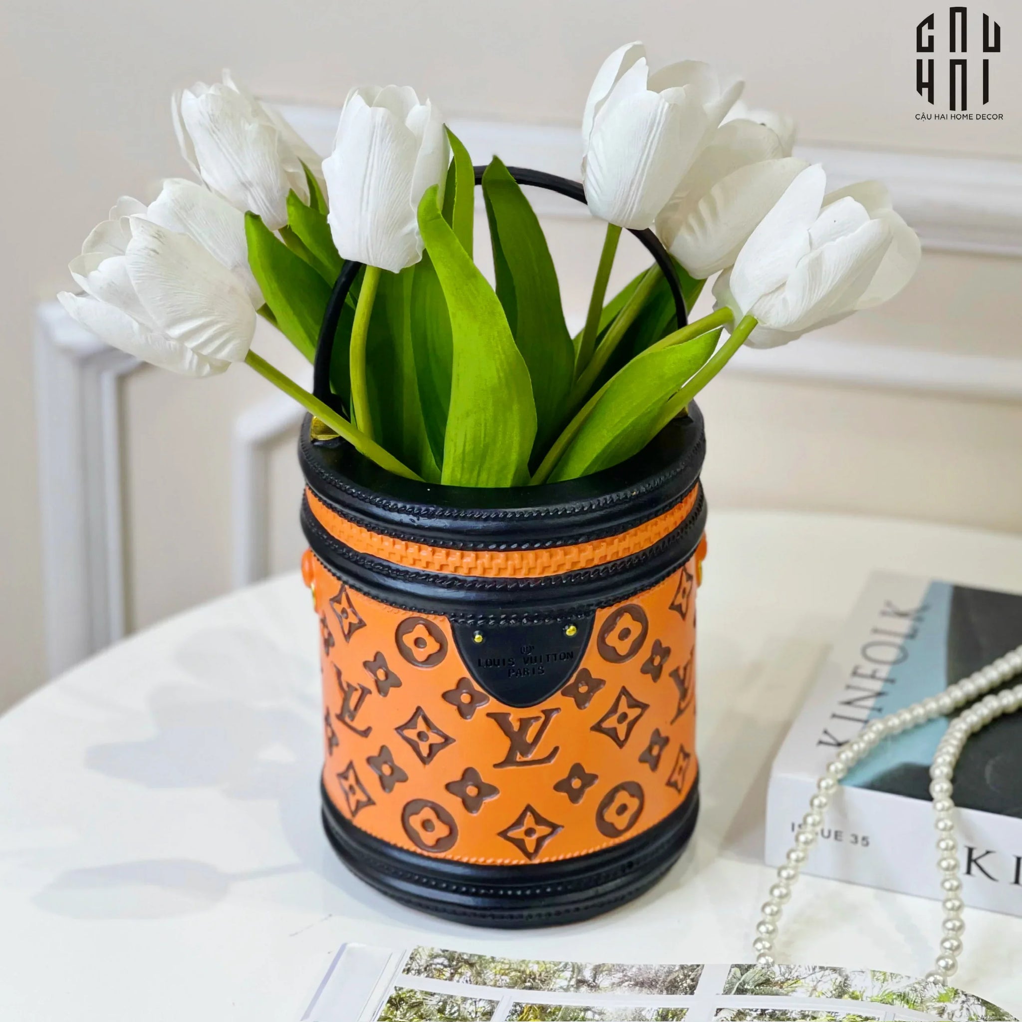 GIỎ HOA TRANG TRÍ COMPOSITE CANNES BAG ORANGE LOUIS-CẬU HAI HOME DECOR