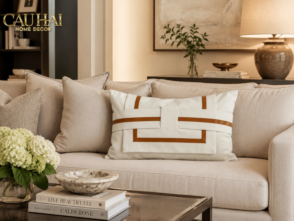 Gối Da Cadre Harnais Ivory Cognac 30x50-VỎ GỐI SOFA-CẬU HAI HOME DECOR