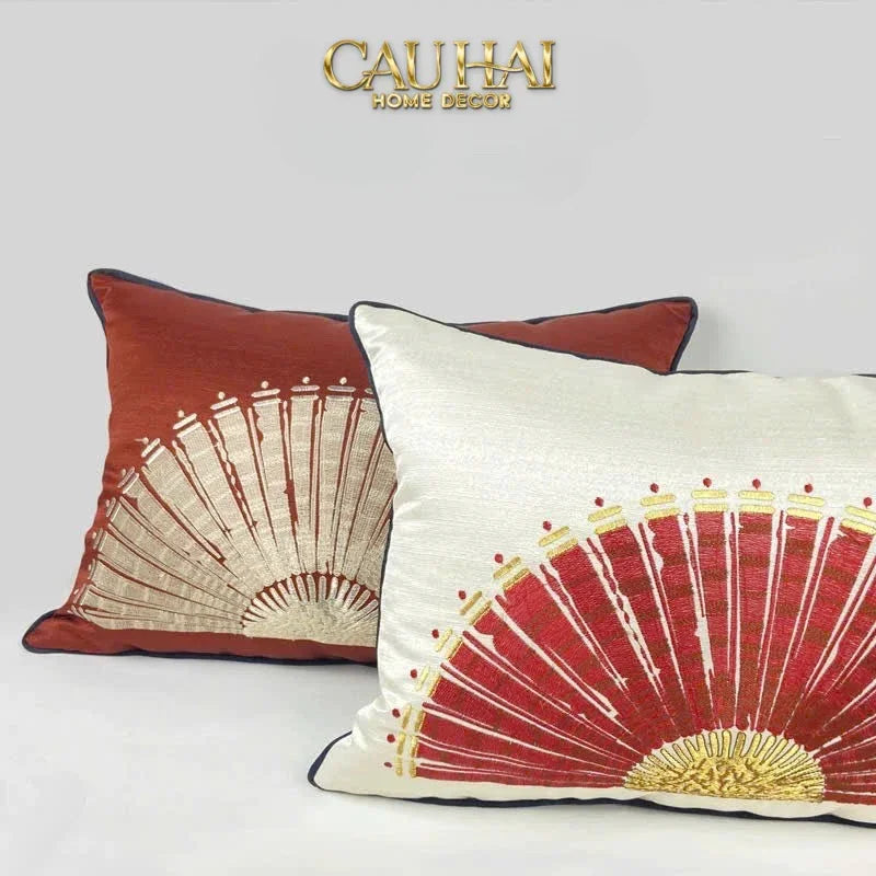 Gối Jacquard Rouge Oriental Éventail Lunaire d’Or 35x50-VỎ GỐI-Đối tác tại Trung Quốc theo từng đơn đặt hàng-CẬU HAI HOME DECOR