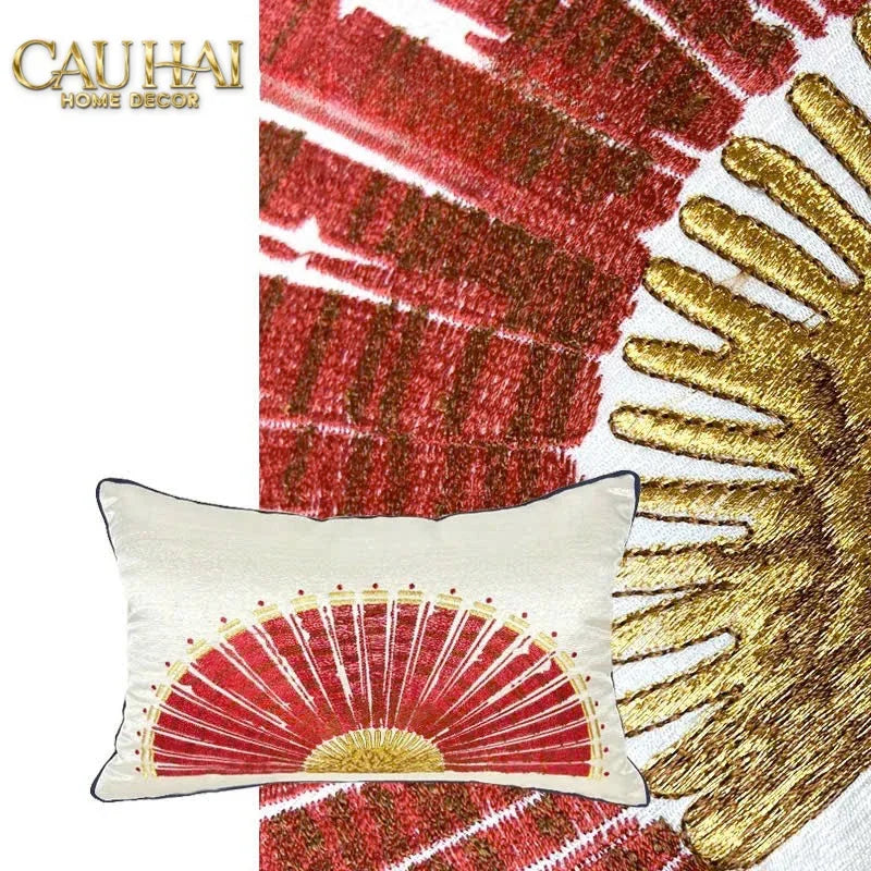 Gối Jacquard Rouge Oriental Éventail Lunaire d’Or 35x50-VỎ GỐI-Đối tác tại Trung Quốc theo từng đơn đặt hàng-CẬU HAI HOME DECOR