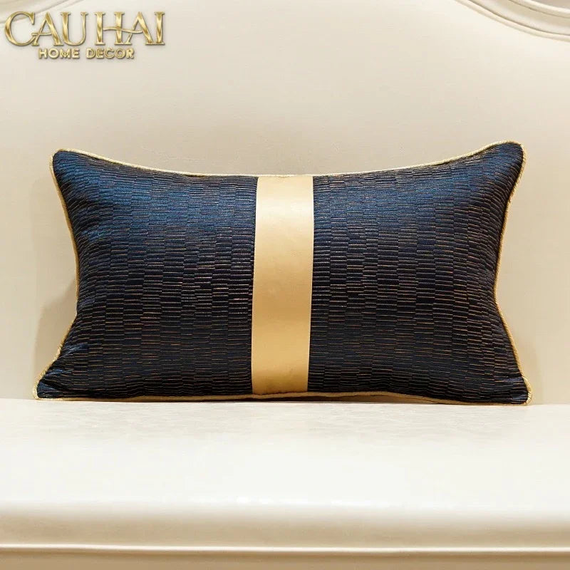 Gối Lụa Jacquard Navy Sovereign Golden Lignes 30X50-CẬU HAI HOME DECOR