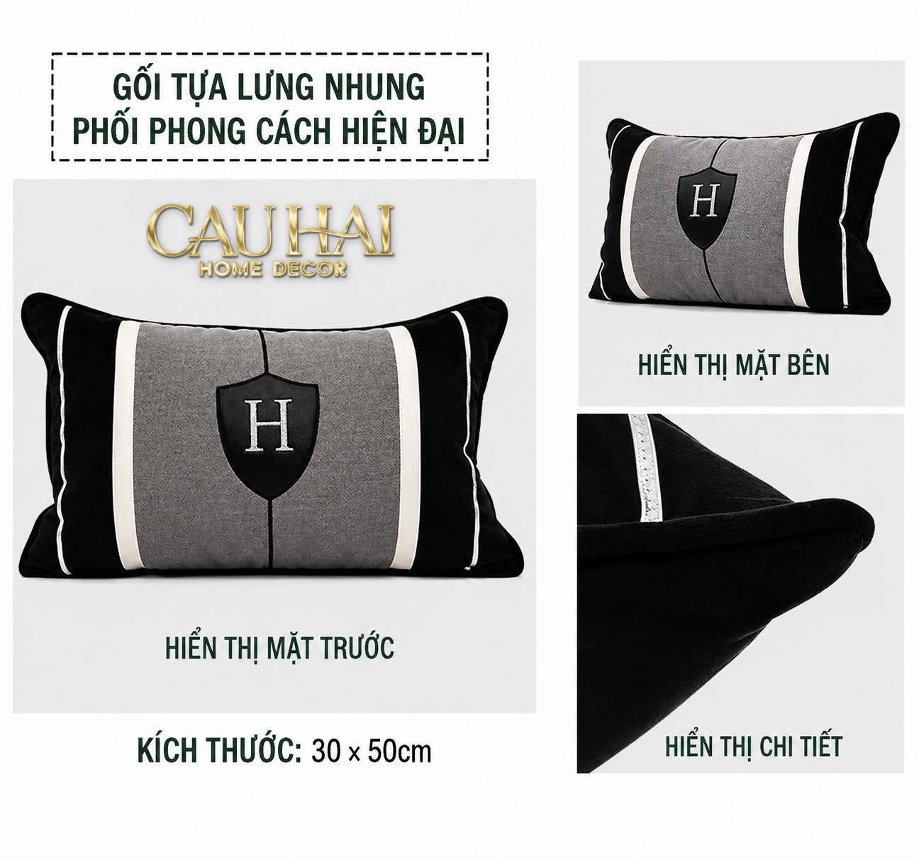 Gối Nhung Noir Heritage H Crest 30X50-CẬU HAI HOME DECOR