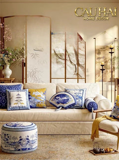 Gối Nhung Quạt IndigoEmperor Fan Indochine Art Cushion-CẬU HAI HOME DECOR