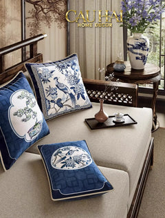 Gối Nhung Quạt IndigoEmperor Fan Indochine Art Cushion-CẬU HAI HOME DECOR