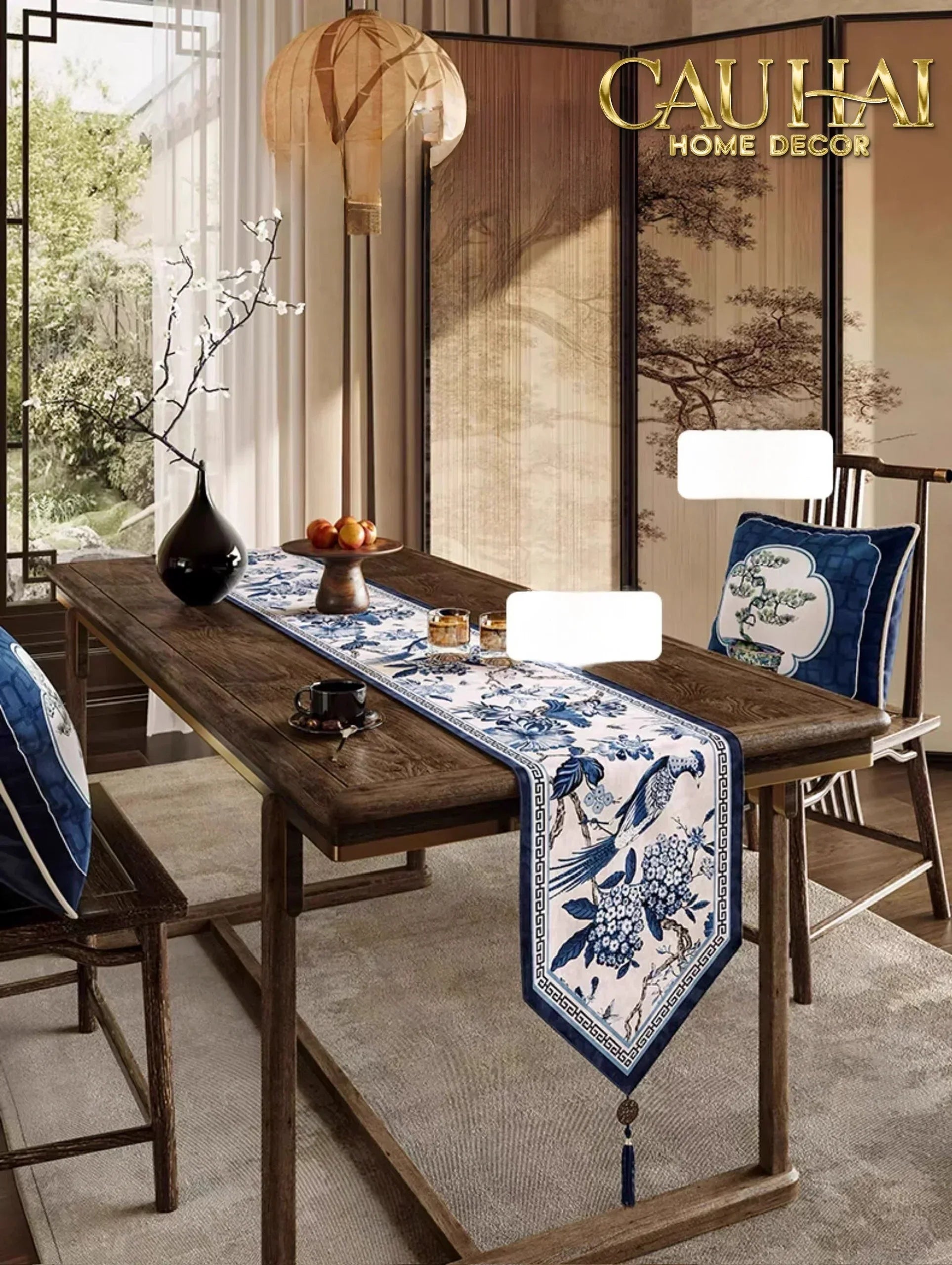Gối Nhung Quạt IndigoEmperor Fan Indochine Art Cushion-CẬU HAI HOME DECOR