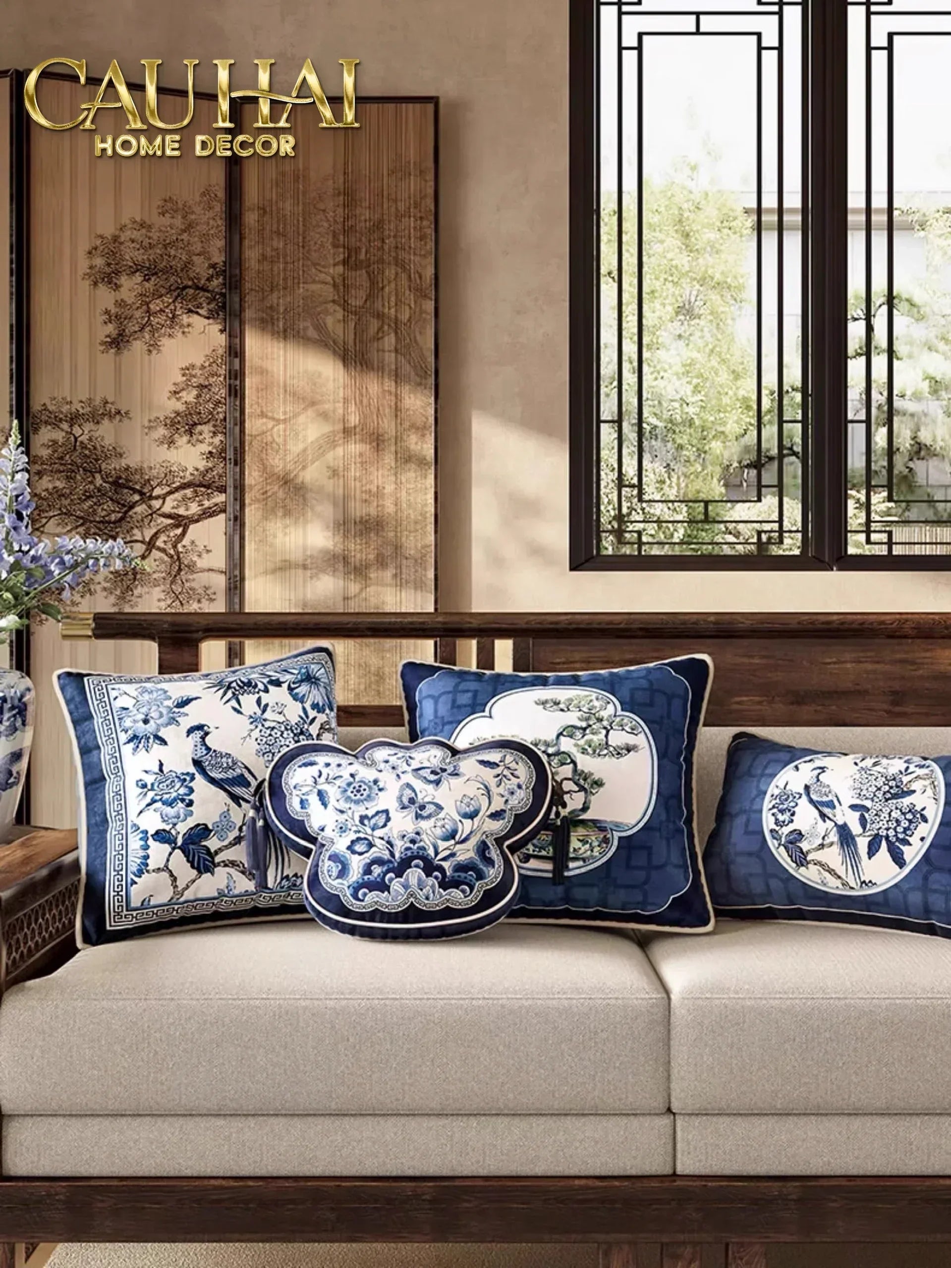 Gối Nhung Quạt IndigoEmperor Fan Indochine Art Cushion-CẬU HAI HOME DECOR