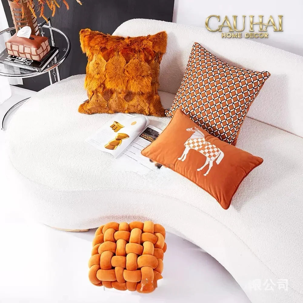 Gối Nhung Thêu Équestre Moderne Cognac Embroidered 30x50-VỎ GỐI-CẬU HAI HOME DECOR