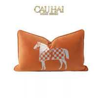 Gối Nhung Thêu Équestre Moderne Cognac Embroidered 30x50-CẬU HAI HOME DECOR