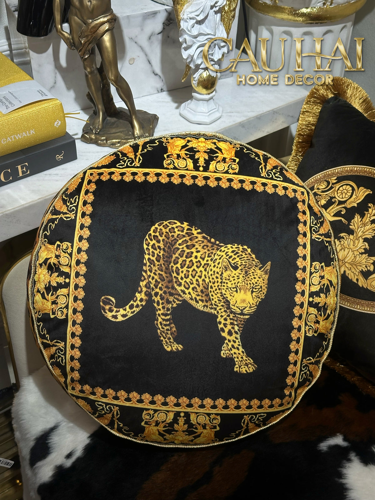 Gối Tròn Velvet Baroque Leopard Noir D45-Gối-CẬU HAI HOME DECOR-CẬU HAI HOME DECOR