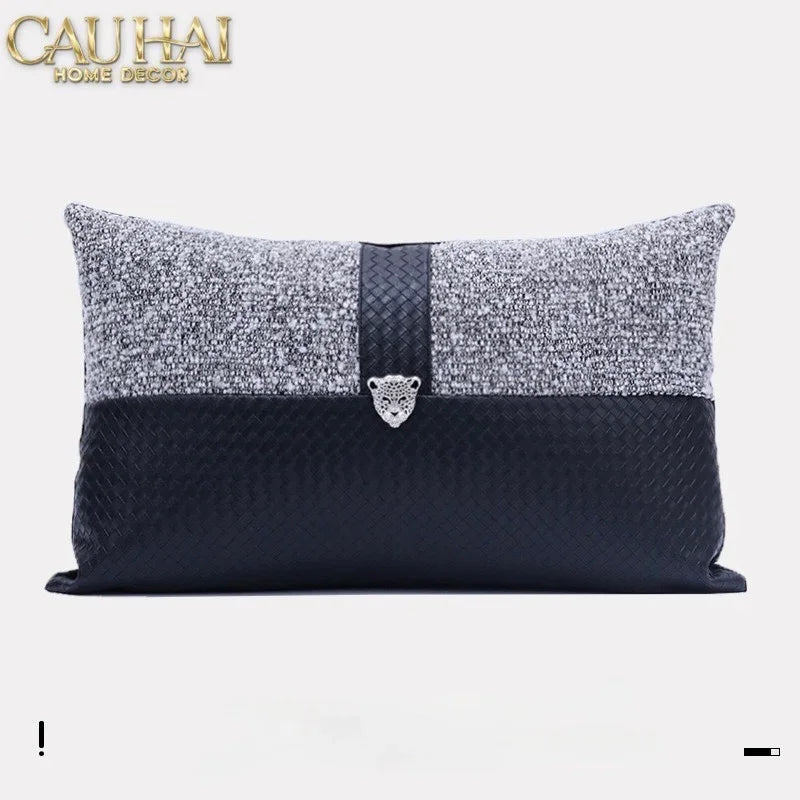 Gối Tweed Leather Midnight Sentinel Panther 30X50-CẬU HAI HOME DECOR
