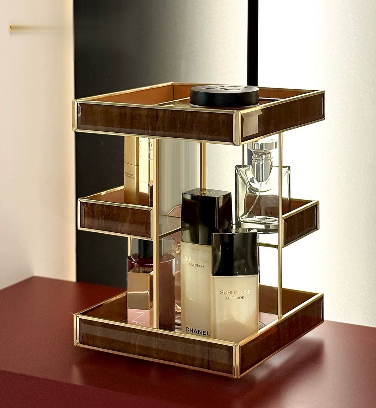 Haute Folie - Kệ 3 Tầng Thuỷ Tinh Xoay 360• Bàn Trang Điểm Élégance Rotating Vanity Organizer 20x20x28.8