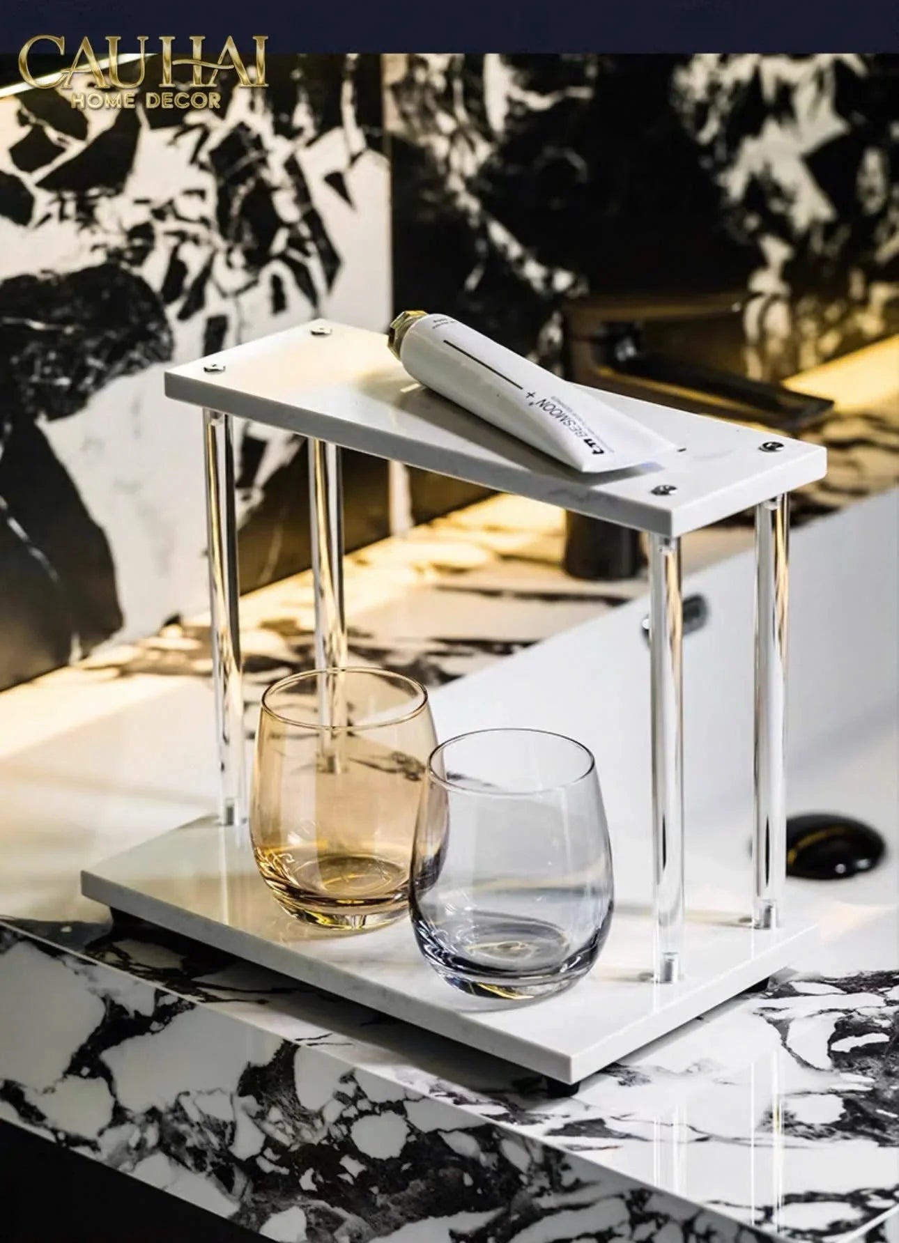 Haute Folie - Kệ Phòng Tắm 2 Tầng Đá Marble Acrylic Column Gabriel Tiered Organizers 20x26.5-CẬU HAI HOME DECOR