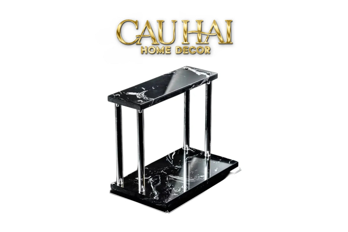 Haute Folie - Kệ Phòng Tắm 2 Tầng Đá Marble Acrylic Column Gabriel Tiered Organizers 20x26.5-KỆ TRANG TRÍ-Đối tác tại Trung Quốc theo từng đơn đặt hàng-Dark Marble-CẬU HAI HOME DECOR