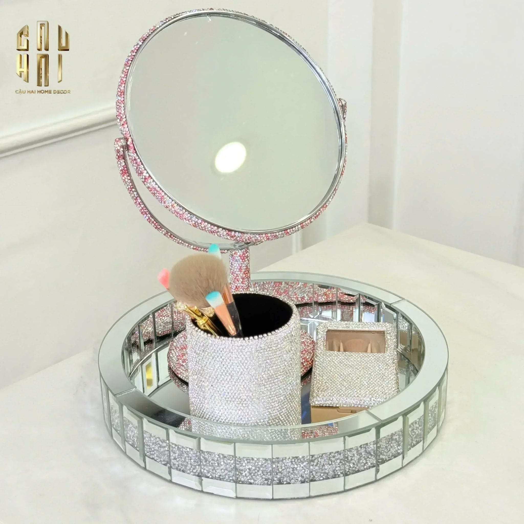 Haute Folie - Khay Gương Tròn Đính Kim Cương Bling Bling Silver Ronde Mirror Decoratives Trays D30-CẬU HAI HOME DECOR