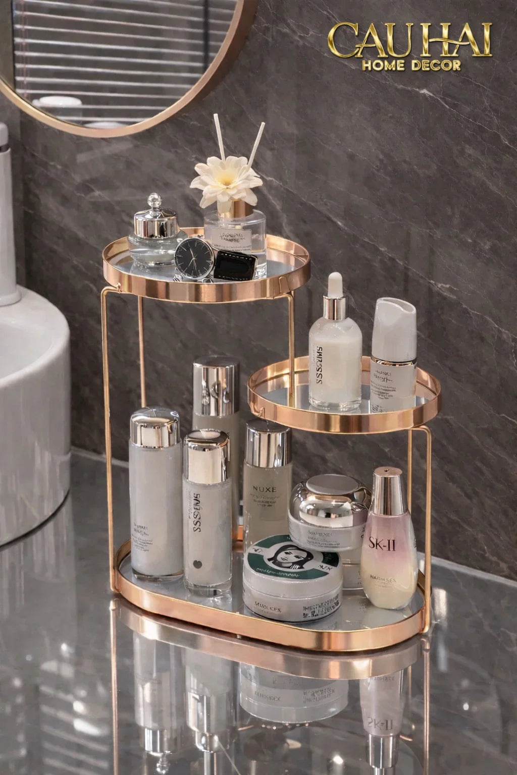 Haute Folie - Khay Kệ Gương Tròn 2 Tầng Bàn Trang Điểm - New Oracle Beauty Mirror Trays-CẬU HAI HOME DECOR