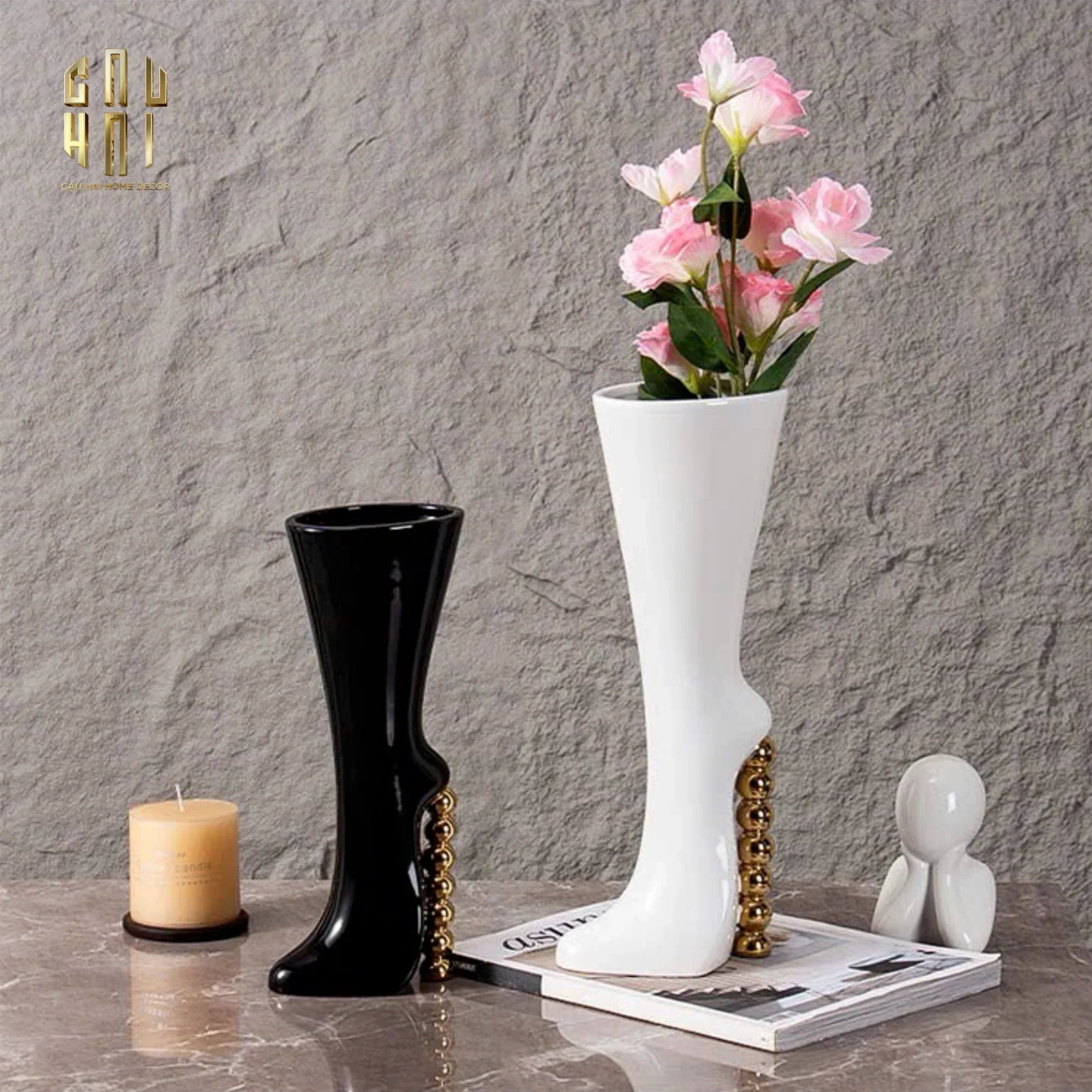 HOME COUTURE - BÌNH HOA CATWALK HIGH HEEL PEARL WHITE VASE H38-CẬU HAI HOME DECOR