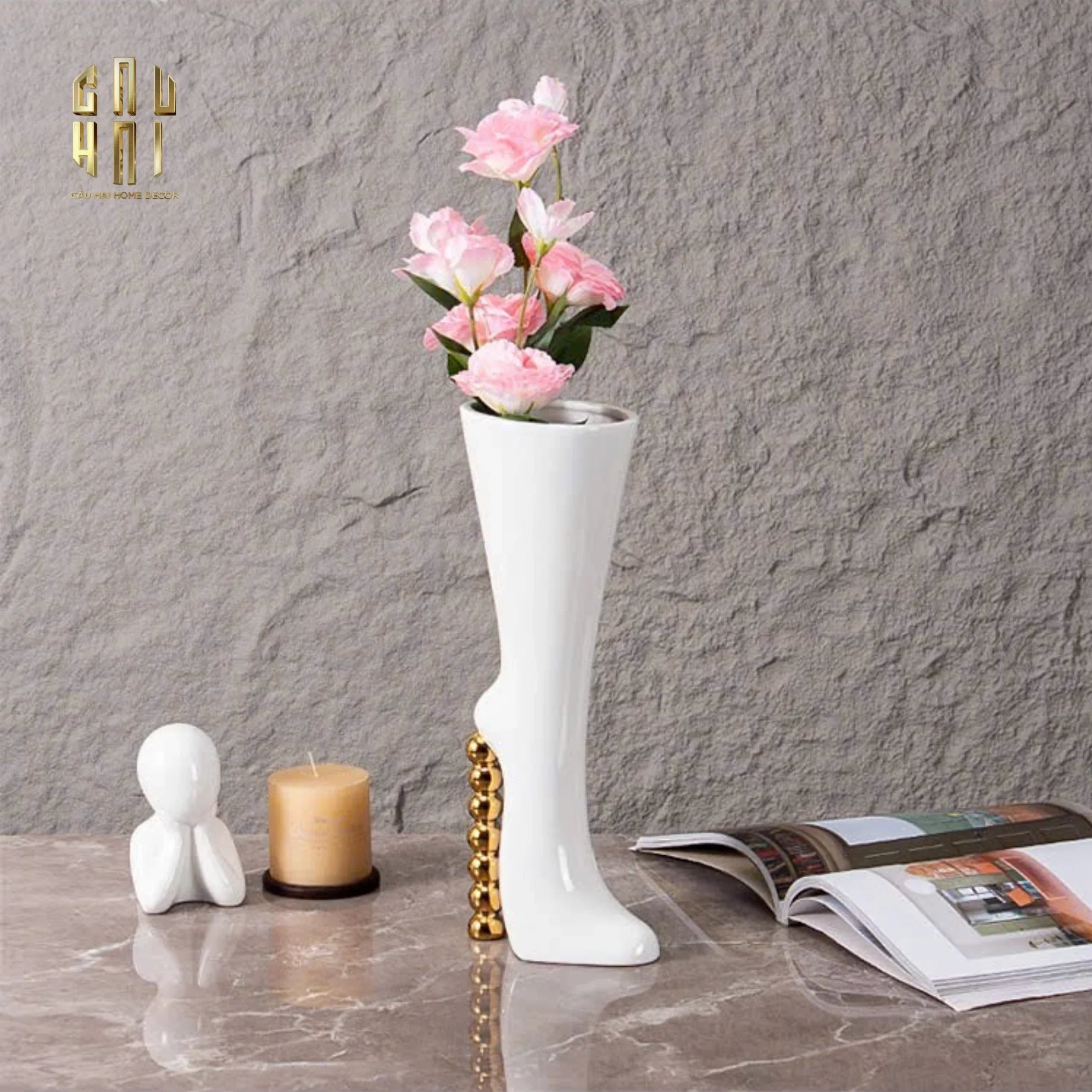 HOME COUTURE - BÌNH HOA CATWALK HIGH HEEL PEARL WHITE VASE H38-CẬU HAI HOME DECOR