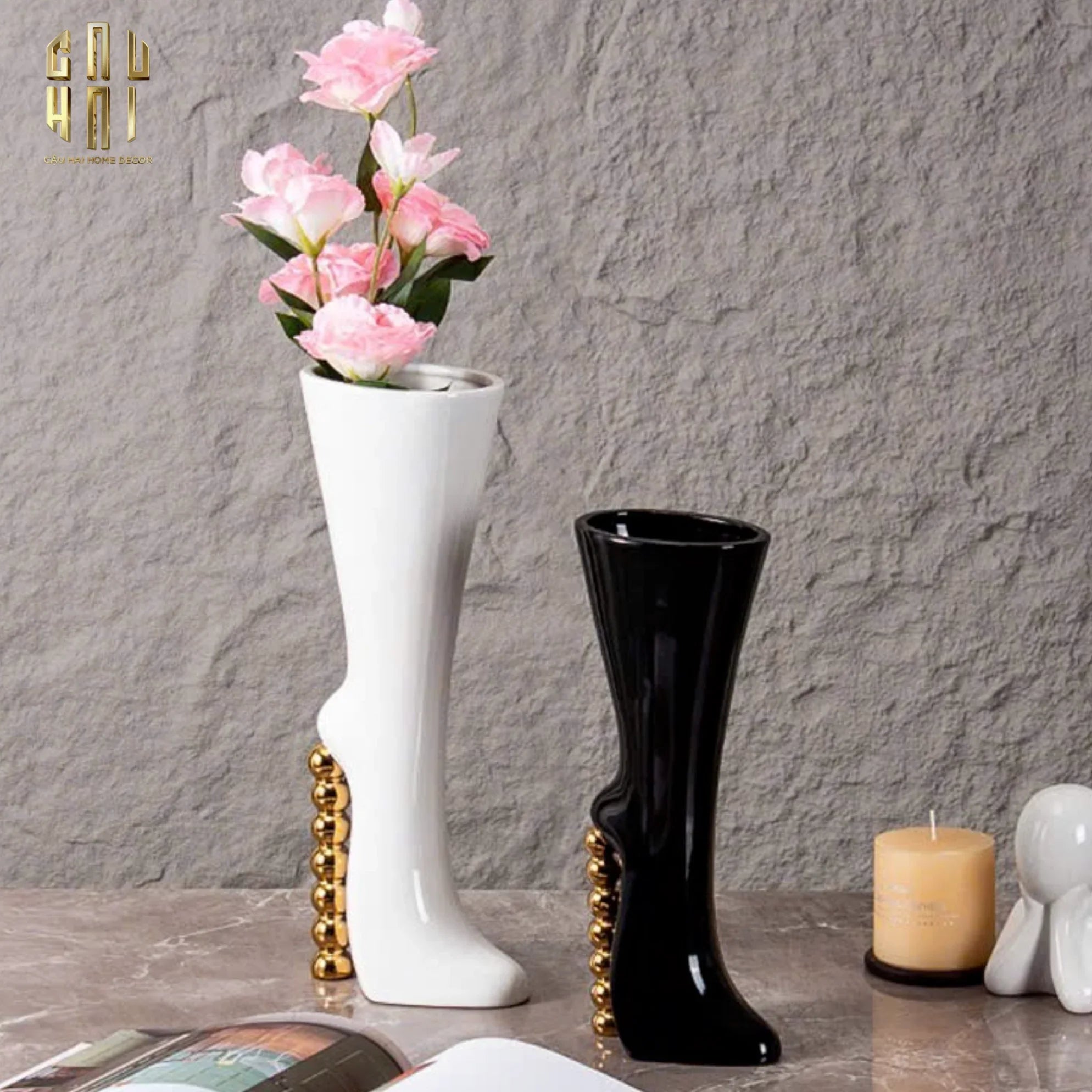 HOME COUTURE - BÌNH HOA CATWALK HIGH HEEL PEARL WHITE VASE H38-CẬU HAI HOME DECOR