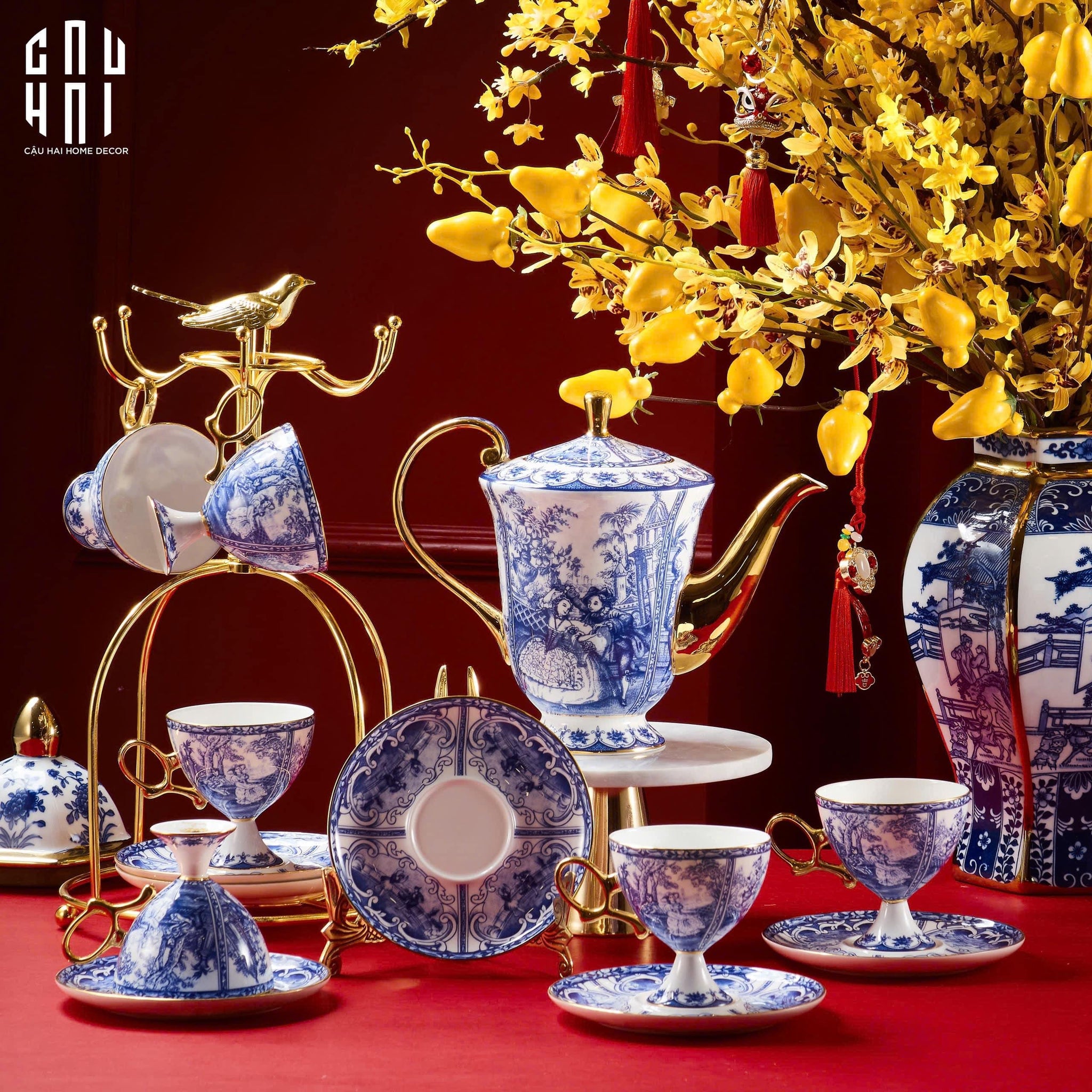 HOME COUTURE - SET BÌNH TRÀ SỨ LAM CAO CẤP ROYAL DYNASTY SS25-CẬU HAI HOME DECOR