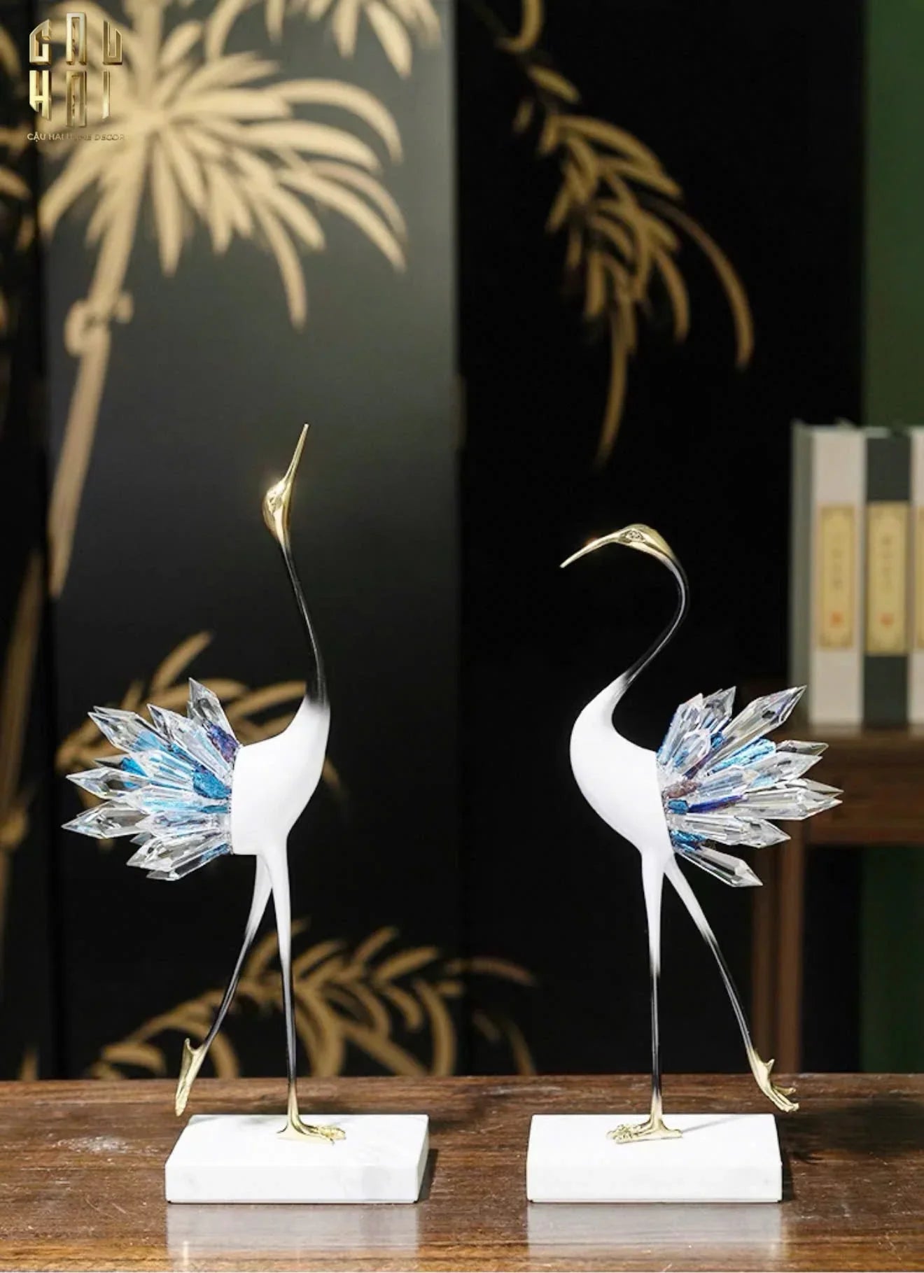 HOME COUTURE - SET 2 TƯỢNG TIÊN HẠC PHA LÊ - CELESTIAL CRYSTAL CRANES-CẬU HAI HOME DECOR