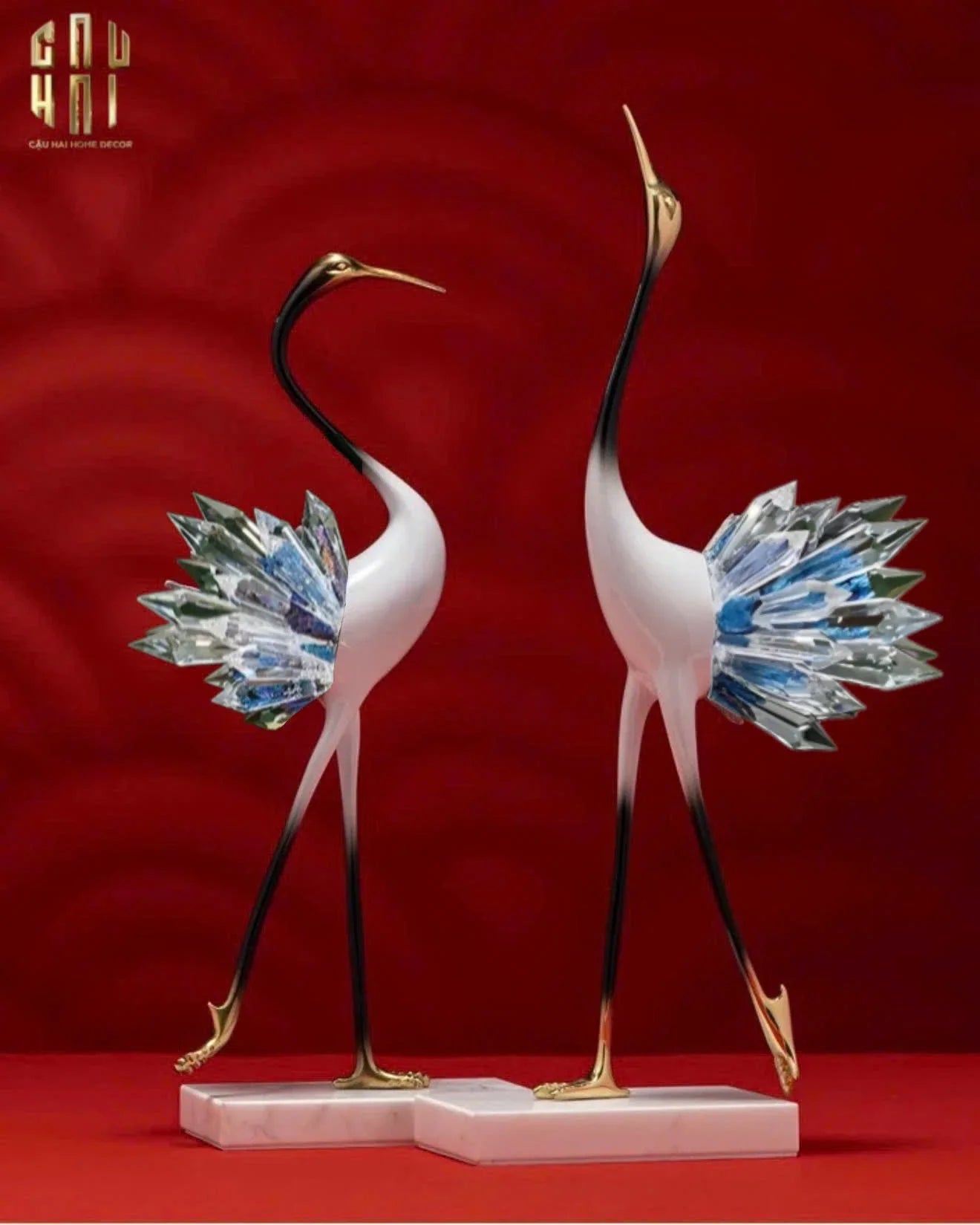 HOME COUTURE - SET 2 TƯỢNG TIÊN HẠC PHA LÊ - CELESTIAL CRYSTAL CRANES-CẬU HAI HOME DECOR