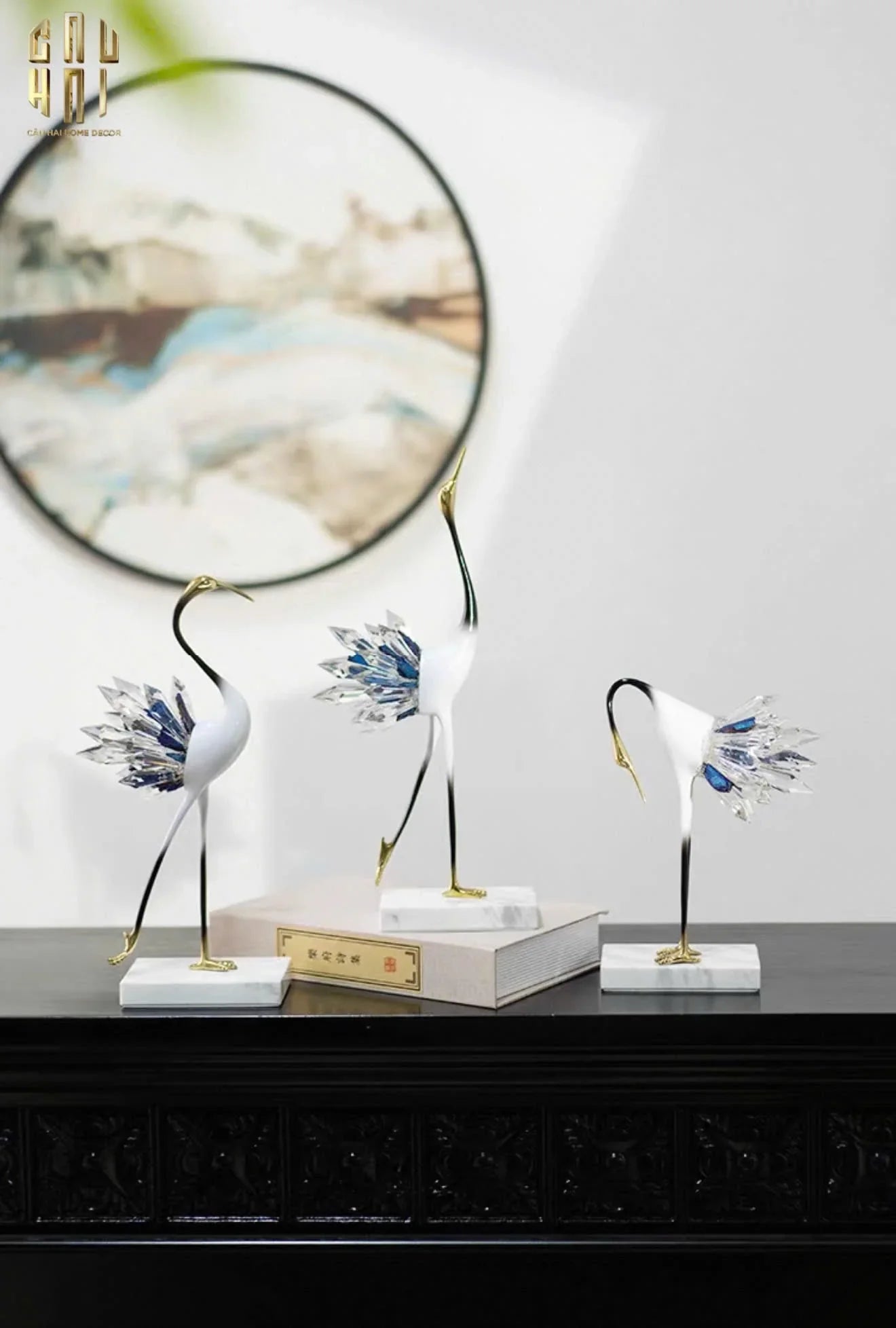 HOME COUTURE - SET 2 TƯỢNG TIÊN HẠC PHA LÊ - CELESTIAL CRYSTAL CRANES-CẬU HAI HOME DECOR