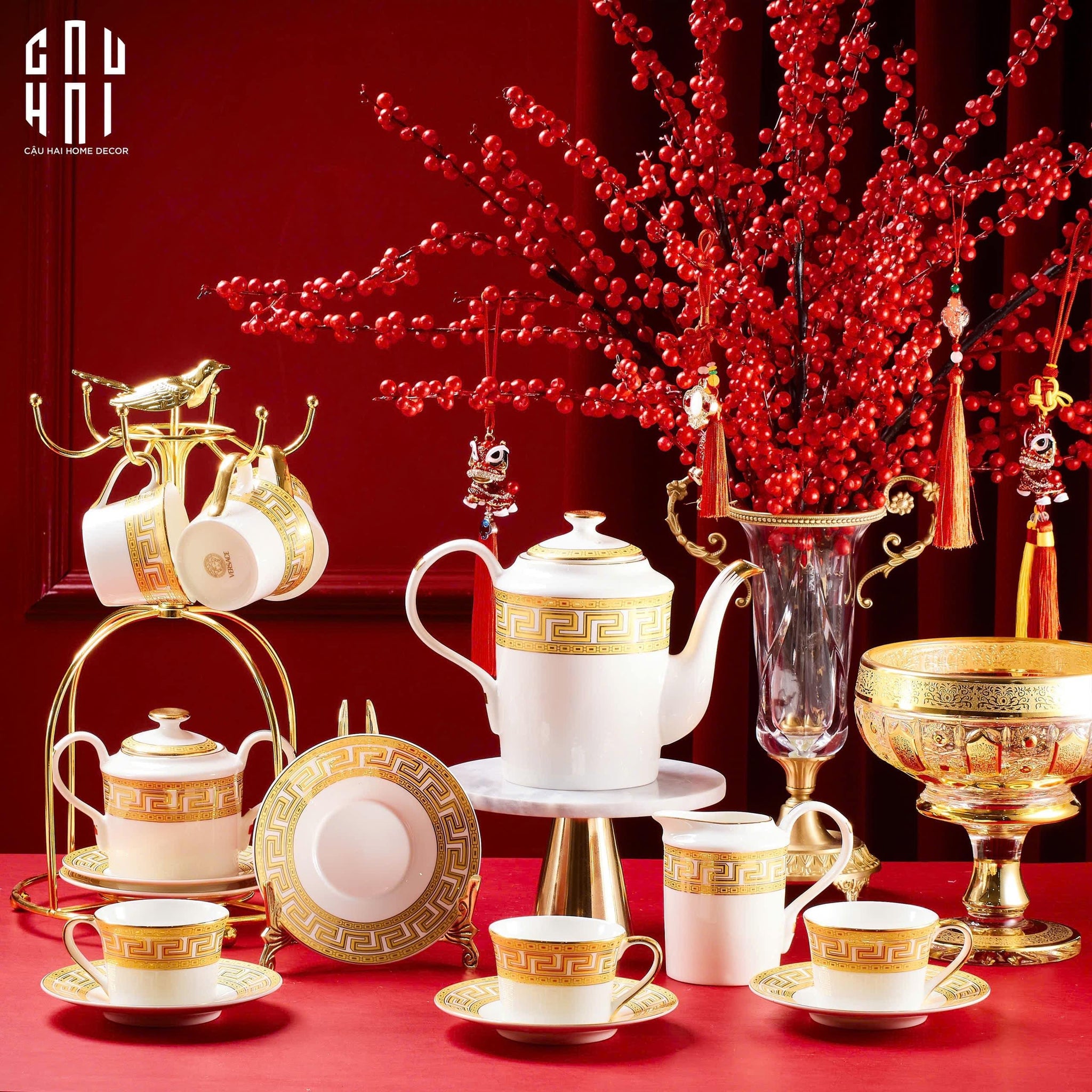 HOME COUTURE - SET BÌNH TRÀ GOLDEN GREEK KEY - FULL BOX SS25-CẬU HAI HOME DECOR