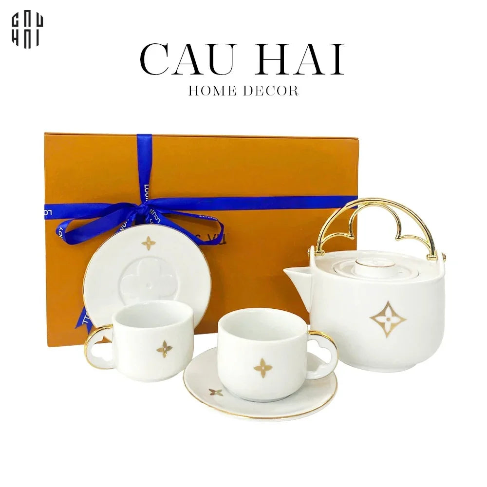HOME COUTURE - SET BÌNH TRÀ LOUIS.V 2 TÁCH BASIC WHITE - FULL BOX SS25-CẬU HAI HOME DECOR