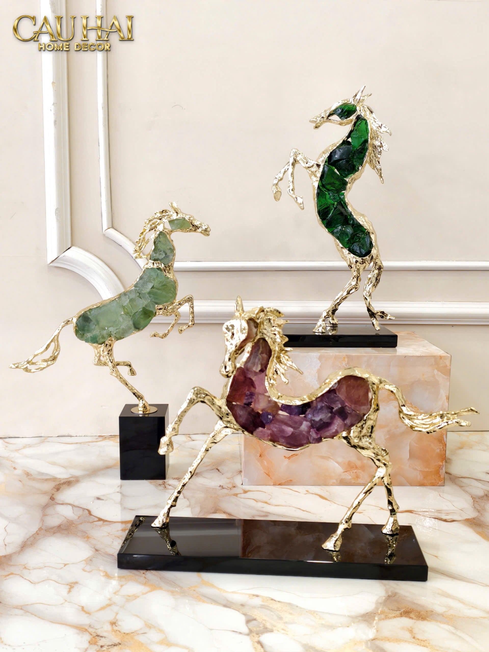 HOME COUTURE - TƯỢNG NGỰA ĐỒNG ĐÁ QUÝ AZURE CAVALIER H41-CẬU HAI HOME DECOR